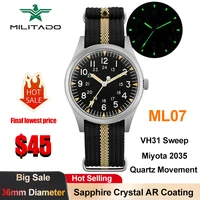 Relojes de cuarzo Militado ML07 VH31/Miyota 2035, reloj militar con cristal de zafiro abovedado, reloj luminoso resistente al agua de 100m para hombre