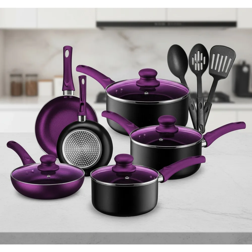 

11-Piece Purple Nonstick Cookware Set - Stackable Induction Pots & Pans for Kitchen