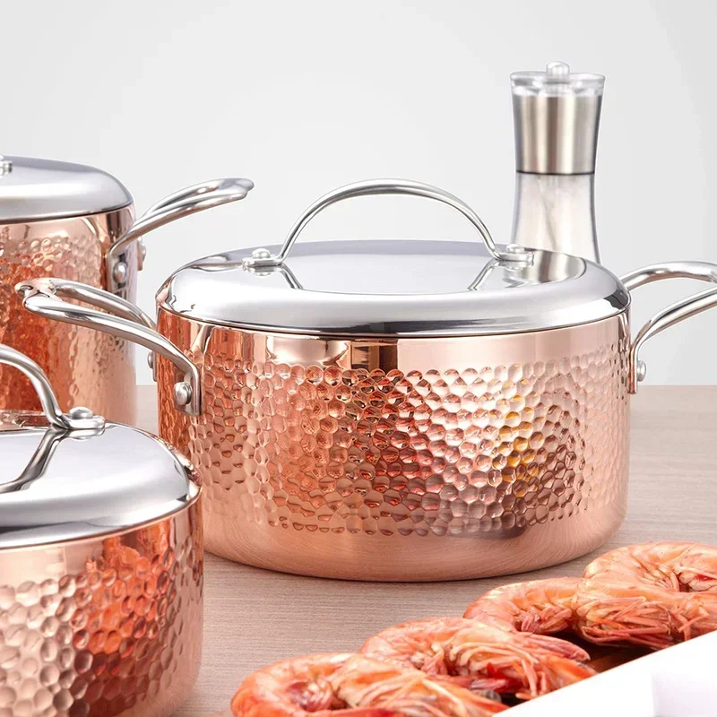 Juego de utensilios de cocina de acero inoxidable y cobre Triple con puntos martillados, olla para sopa, olla para leche y sartén para cocina casera