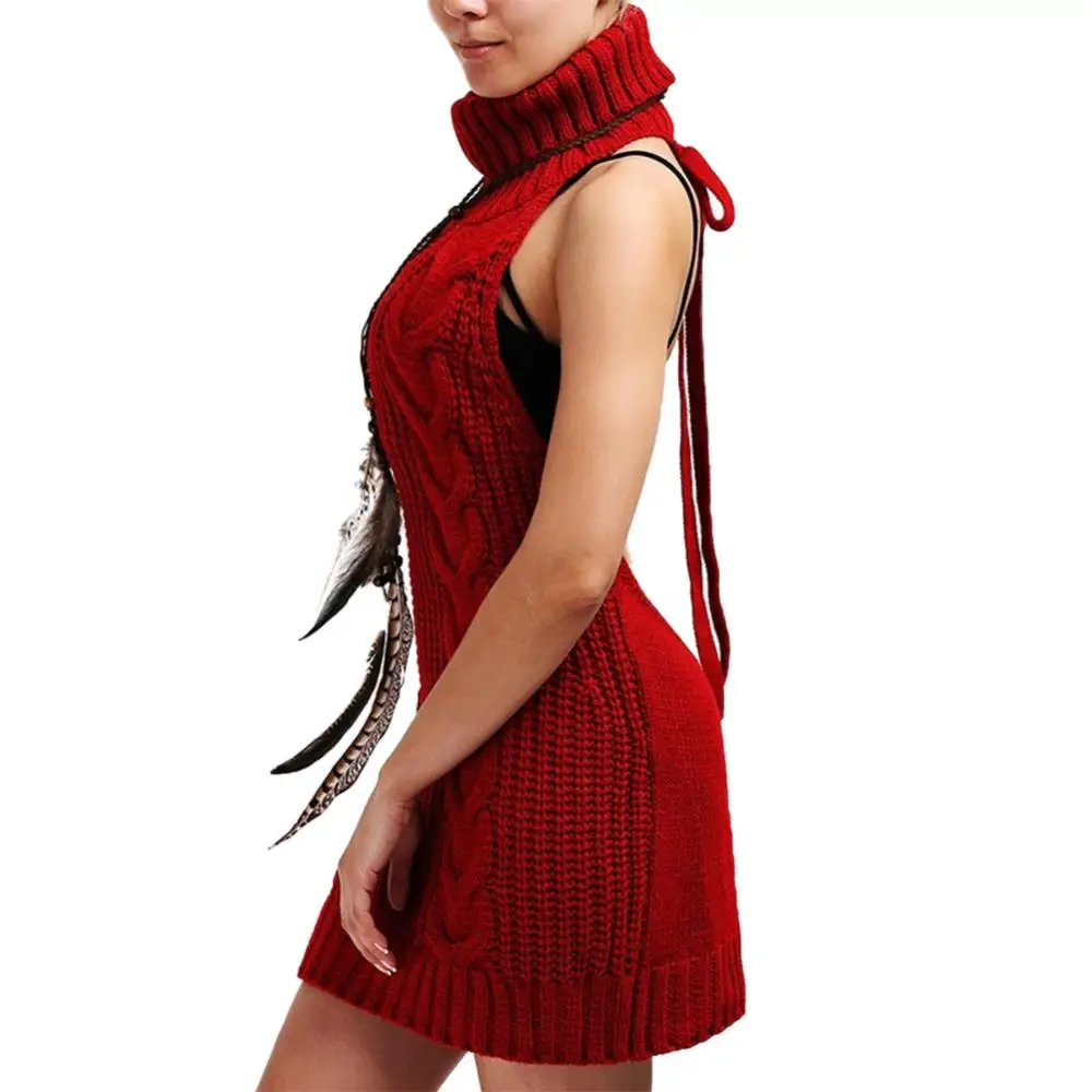 Women Sexy Backless Sweater Dress Turtleneck Sleeveless Pullover Knit Sweater Mini Dress Female Knit Jumper Women Clothing