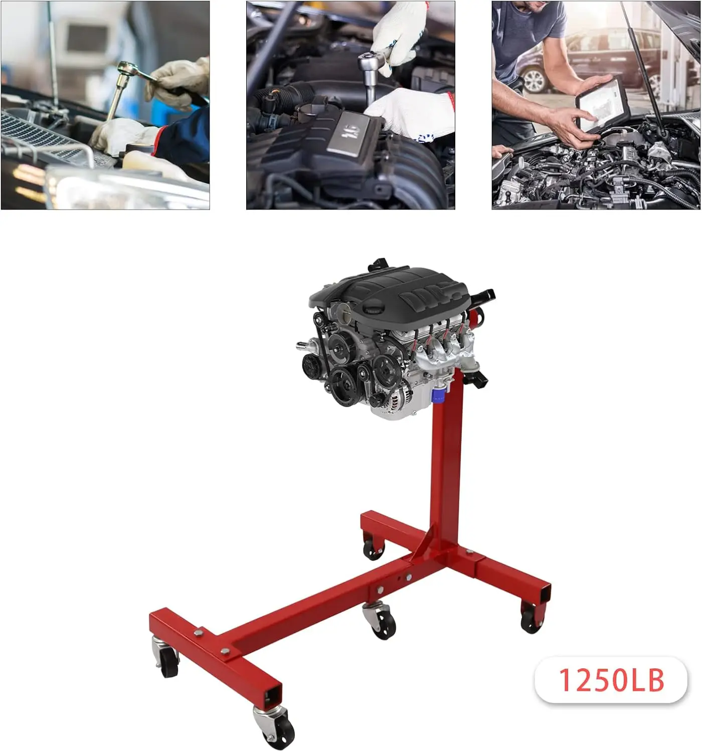 

Подставка для двигателя красного цвета, грузоподъемность 1250 фунтов, с вращающейся на 360 градусов головкой, усиленная H-образная рама, 5 чугунных поворотных колес