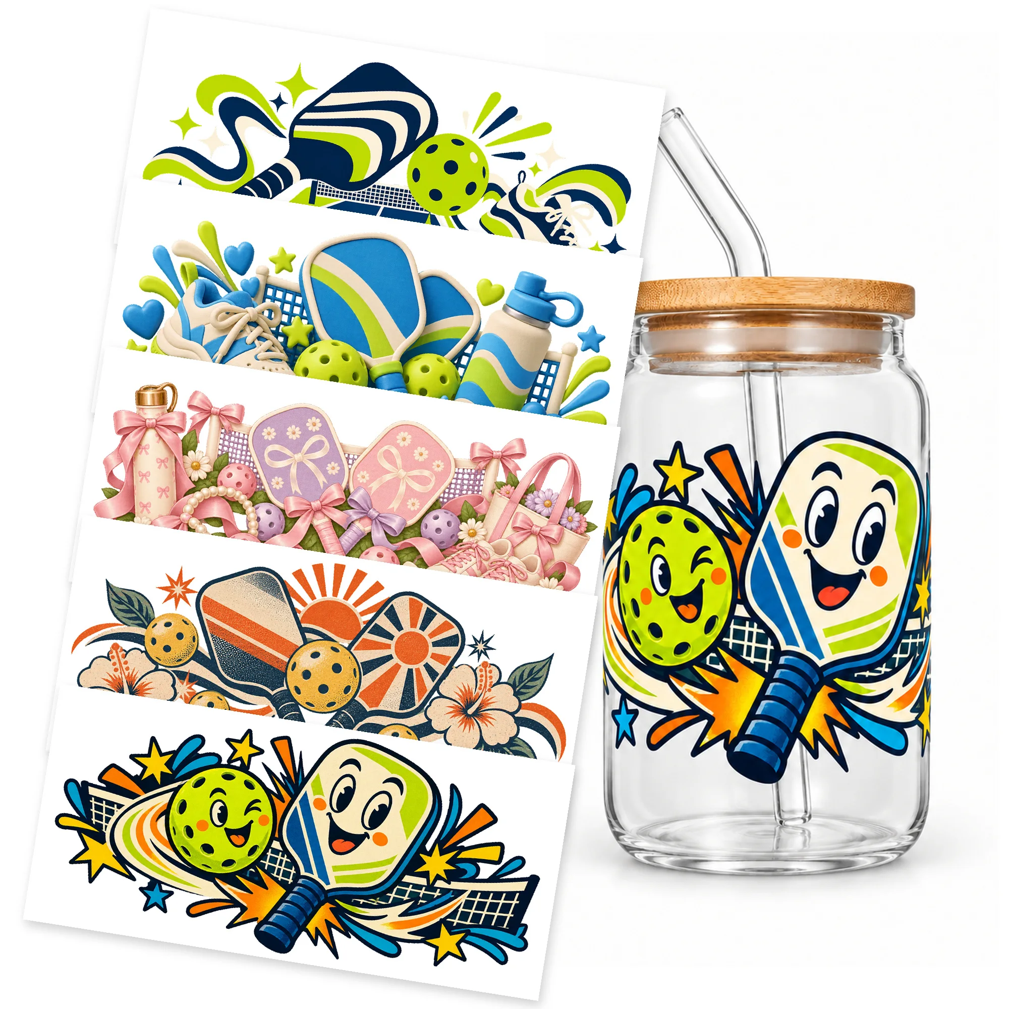 UV DTF Cup Wrap Transfers Pickleball Paddles Balls Flowers Bows Sneakers 5 Designs Glossy Decals for 16oz Glass Can Cups