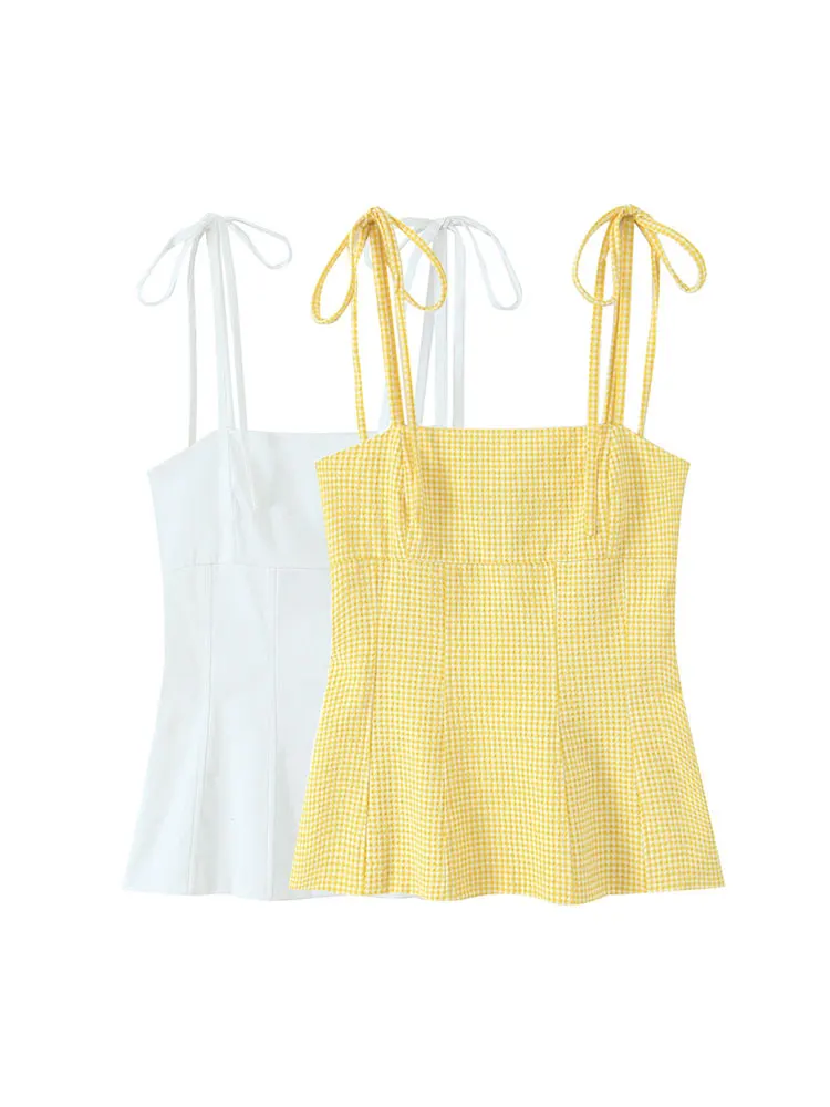 Women's Fashion Bows Fitted Tank Top Straight Neck Thin Straps Camisole Female Fashionable Summer Top