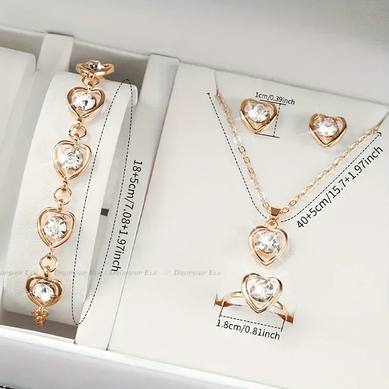5PCS Set Fashion Elegance Rhinestone Double Heart Gold-Color Heart Shaped Jewelry Set Ring Earrings Necklace For Women Jewelry