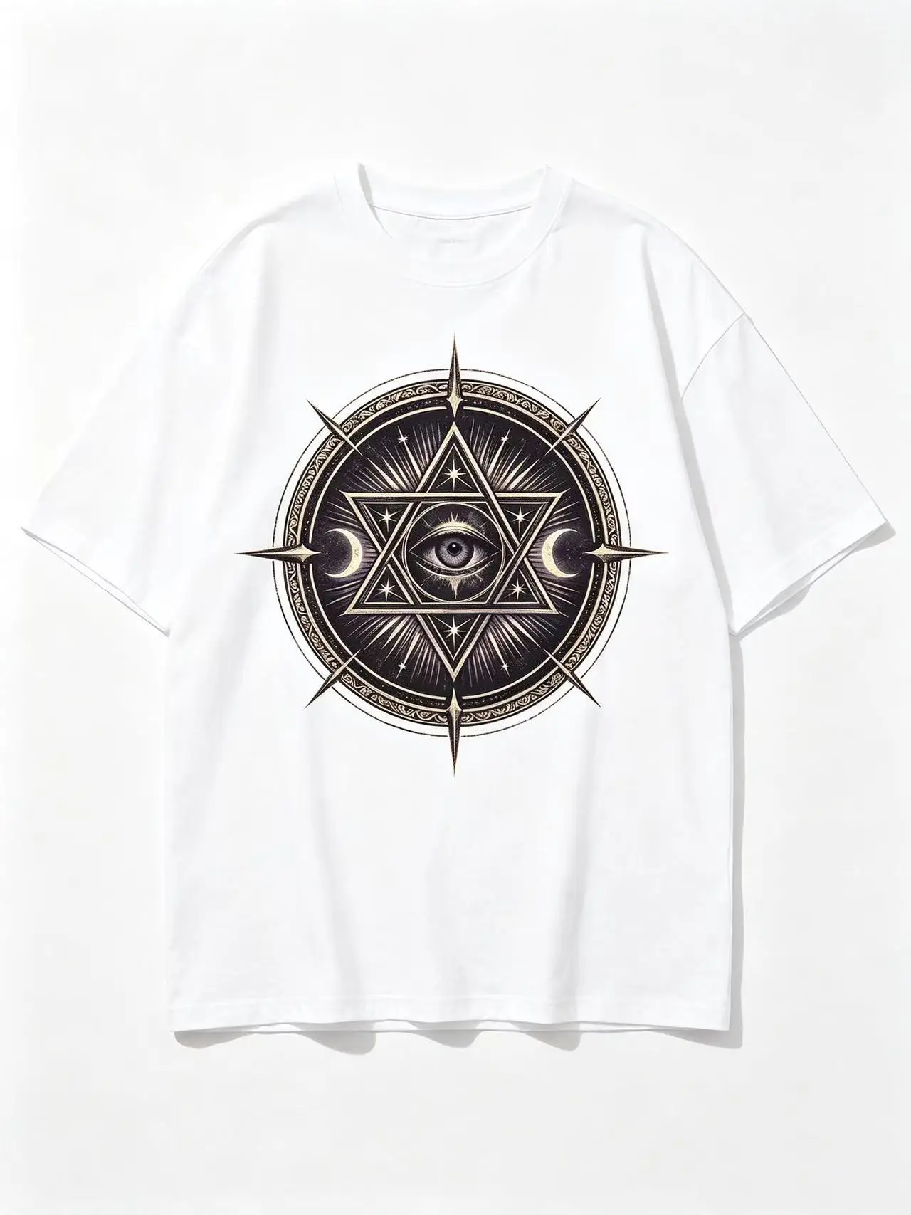 Unisex All Seeing Eye Hexagram Moon Star Occult Graphic T Shirt Men Women Mystic Vintage Print Oversized Crew Neck Short Sleeve Casual Streetwear Cotton Top