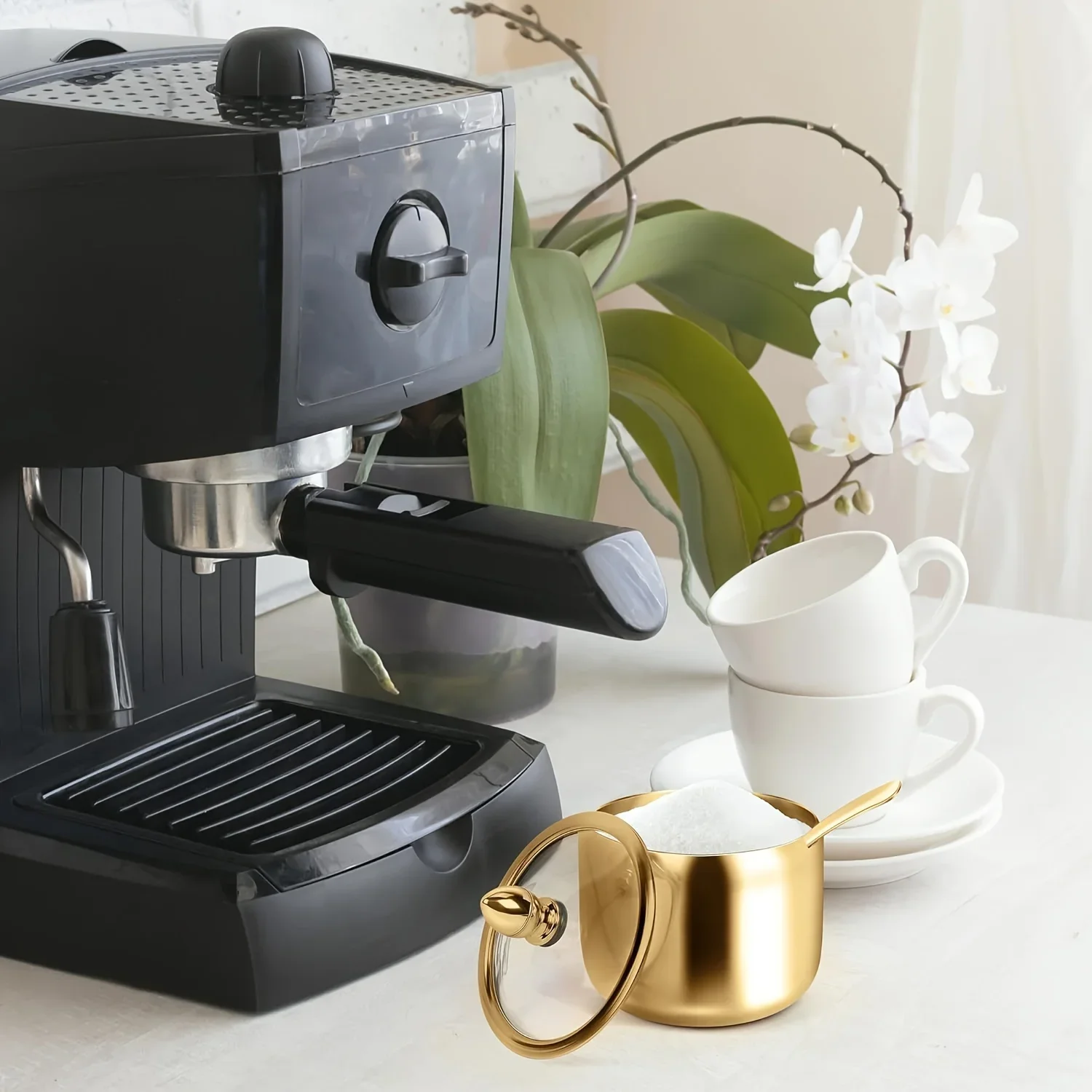 Goldene Edelstahl-Zuckerdose Gewürzbehälter mit Glasdeckel und Löffel für Kaffeebar und Küchenlagerung – Detail 3