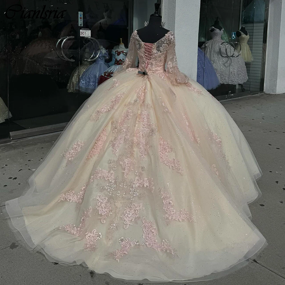 Champagne Long Flare Sleeve Ball Gown Quinceanera Dresses Sweetheart Appliques Lace Corset Vestidos De 15 Años