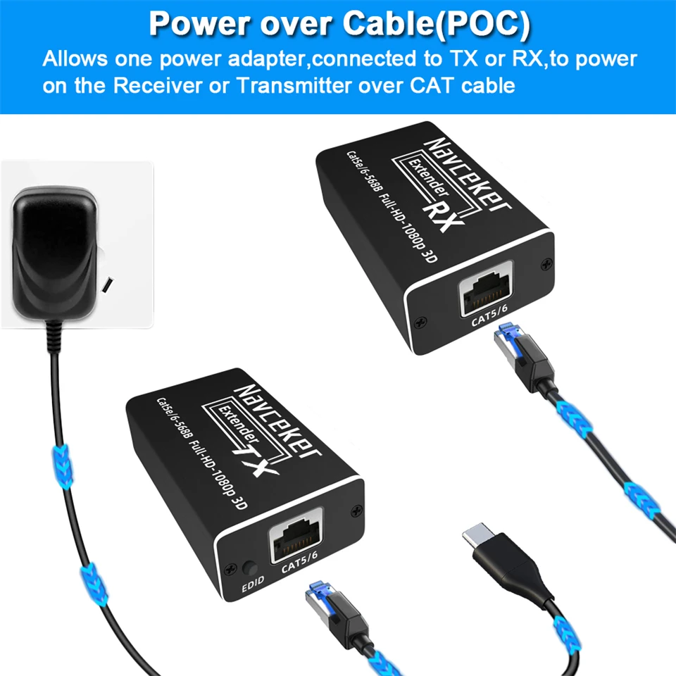 Navceker 60m HDMI Extender POC 1080P 3D HDMI Extender No Loss EDID RJ45 to HDMI Extender Transmitter Receiver over Cat5e/Cat6 - Image 5
