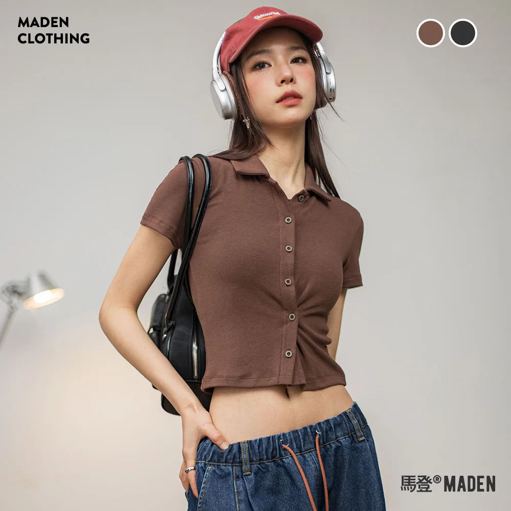 Maden Polo Collar Short Sleeve Shirt Women Summer Crop Top Slim Knit Blouse Soft and Comfortable Solid Color T-shirts Gray Tops