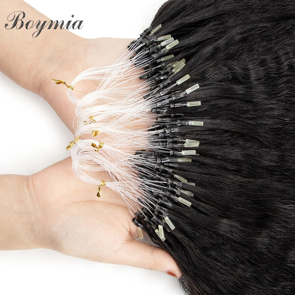 BOYMIA-Extensions de Cheveux Brésiliens Remy Crépus Lisses, Couleur Noire Naturelle 1B, Micro Boucle, 12 à 26 Pouces, 50 Pièces