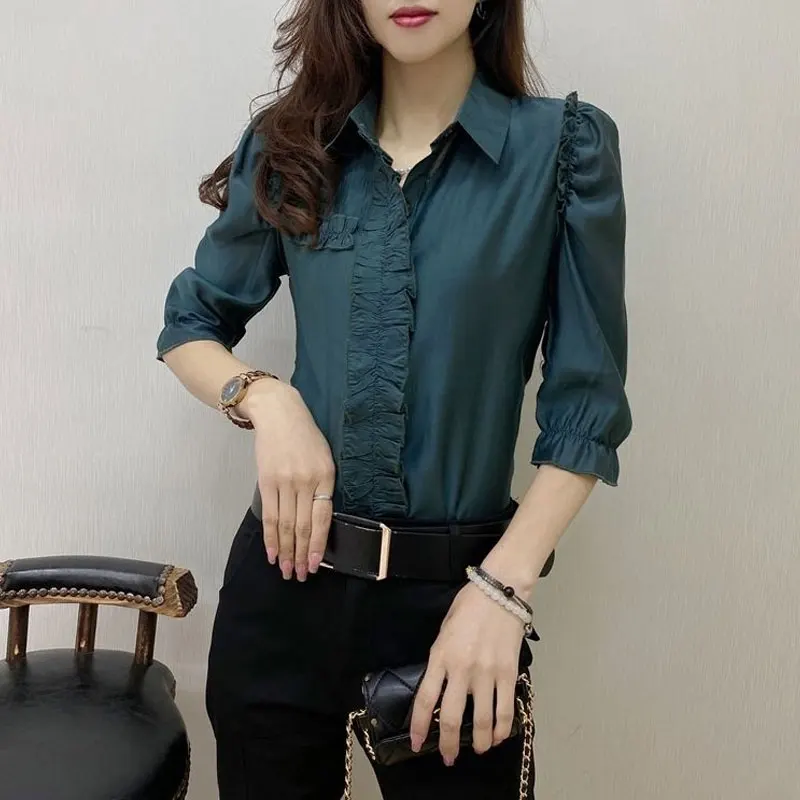 Female Clothing Slim Basic Solid Color Blouse Fashion Edible Tree Fungus Folds Commute 2023 Spring Summer Single-breasted Shirt