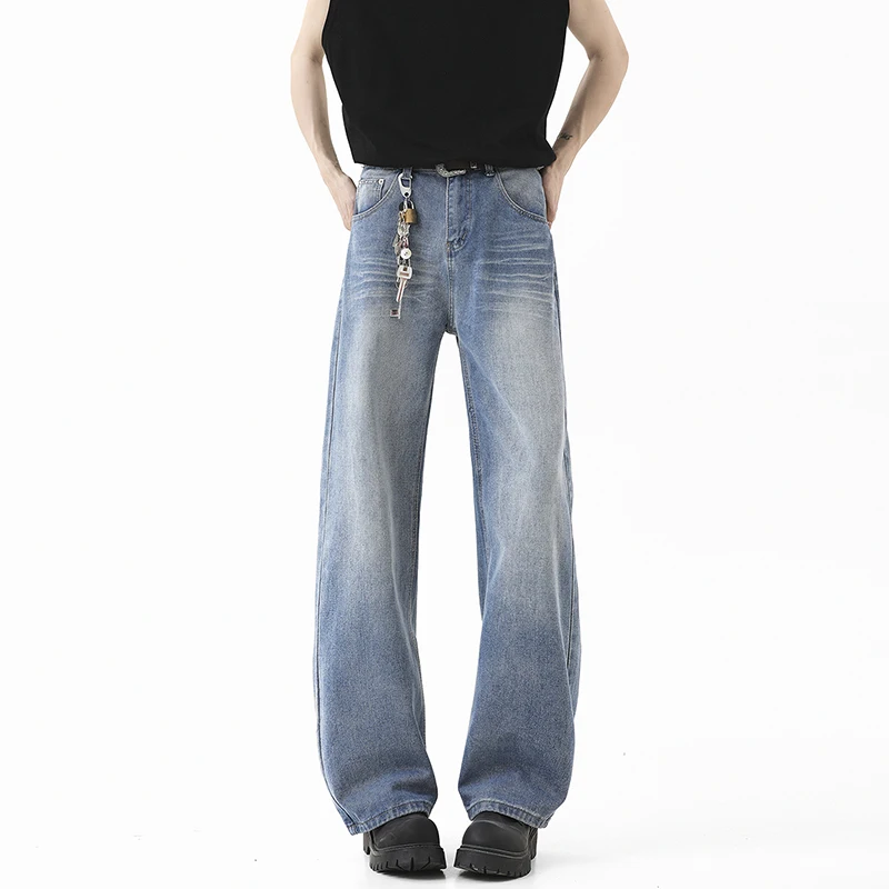

Дымчато-серые мужские джинсы в стиле ретро, летние тонкие американские уличные универсальные повседневные широкие брюки, расклешенные брюки прямого кроя