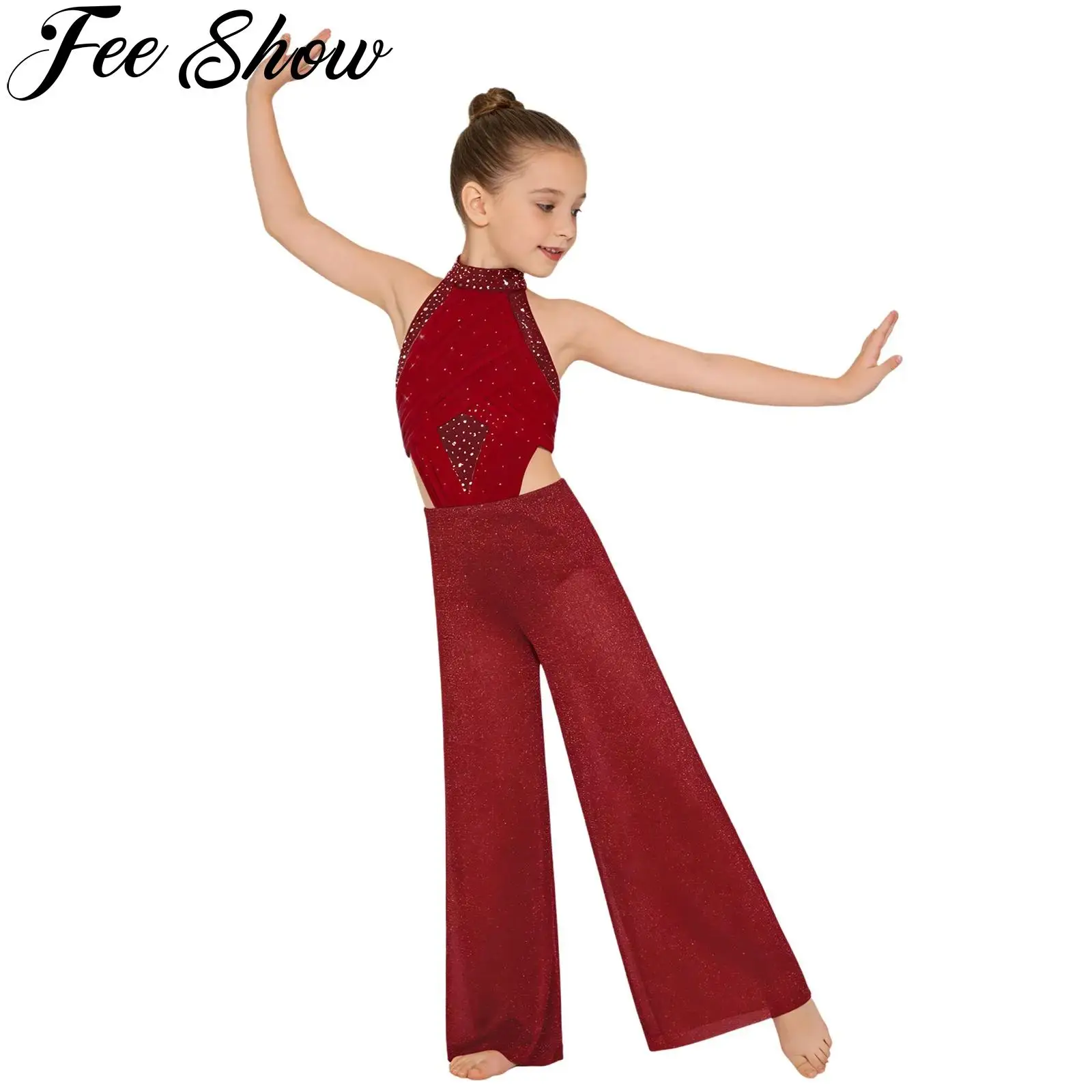 

Детский комбинезон для девочек для лирического танца, балета, фигурного катания, выступлений, без рукавов, с вырезами, блестящим стразами, широкими штанинами