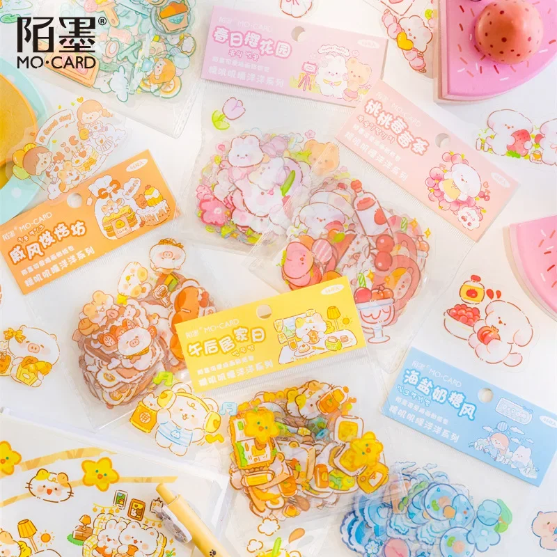 46pcs/bag Kawaii Stickers Bag Fleecy Pink Bunny Kitten Puppy Piggy Cute DIY Decorative Transparent Water-proof Sticker for Child