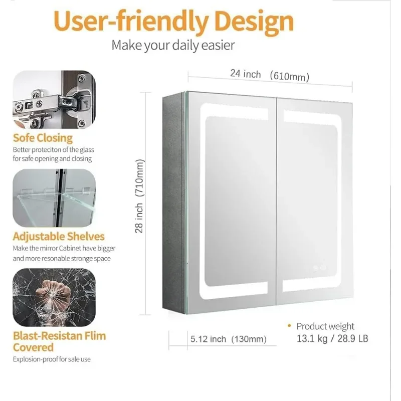 24 Inch X 28 Inch Illuminated Led Mirror Cabinet for Bathroom Stainless Steel Wall Mounted Medicine Cabinet with Double