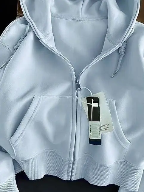 Blue Hoodie Jacket Women's Spring Autumn Short Style Korean System Hat American Style Matching Small Size Style Top