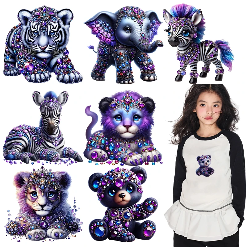 Purple animals wearing gemstones transfers ready to press Heat Transfer Printing On Children's clothing Iron on transfer Clothes