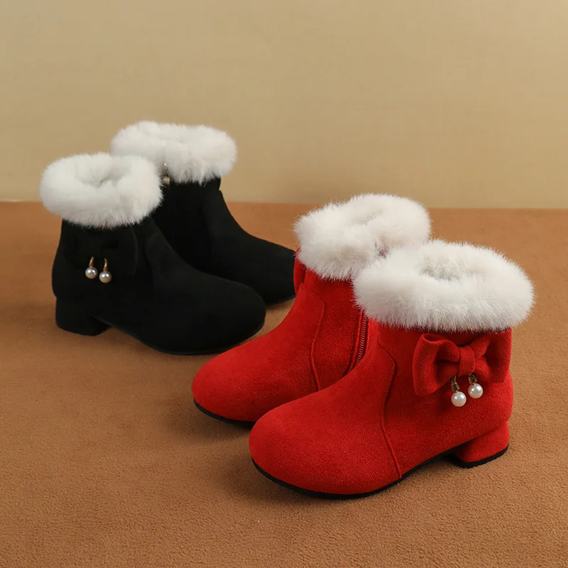 

Winter Children Snow Boots Sweet Bowknot Girls Fashion Princess Plush Boots with Heels Soft Furry Hairy Kids Catwalk Ankle Boots