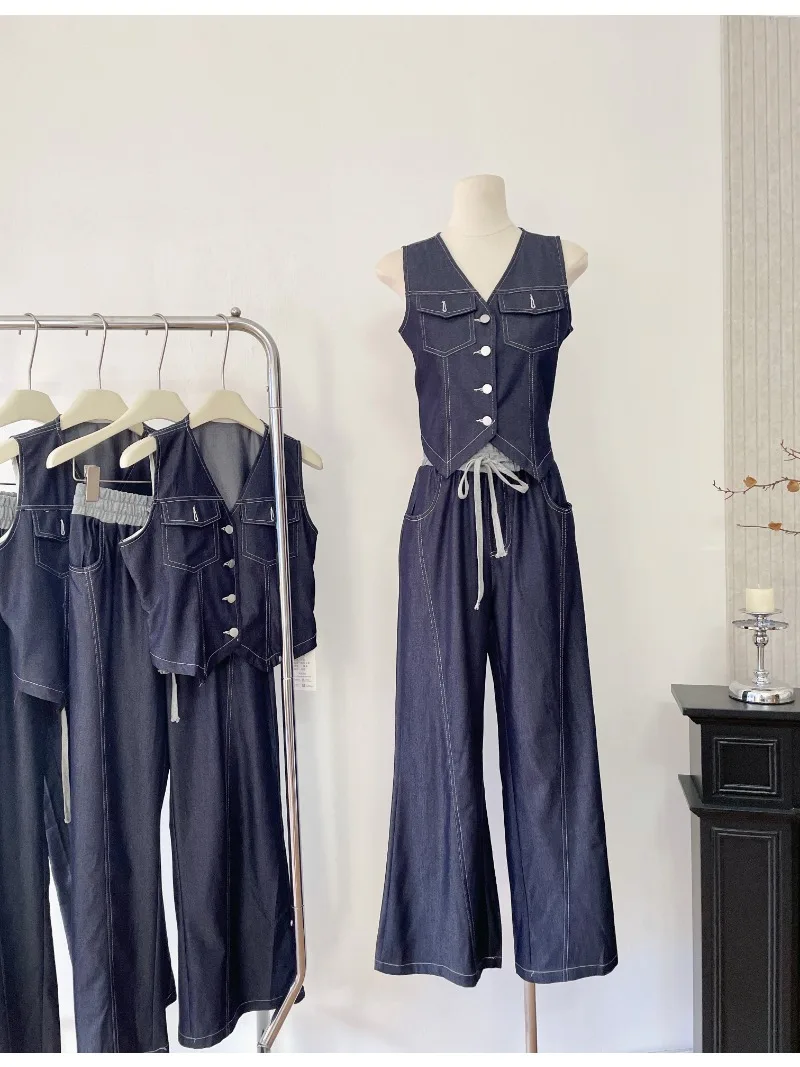 

2024 French Elegant Summer New Women Two Piece Pants Sets V-neck Short Vest Tops + Elastic Waist Wide Leg Baggy Pants Outfits