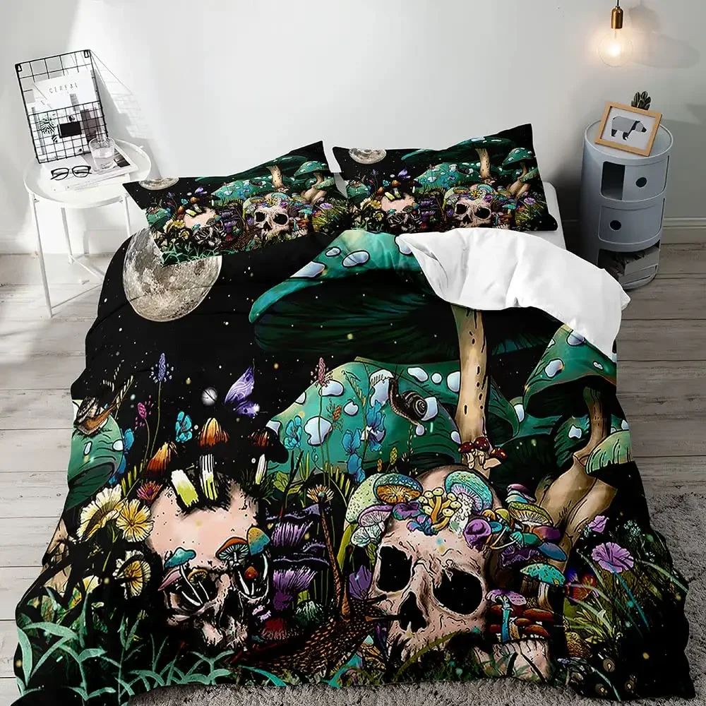 Trippy Mushroom Duvet Cover Set,Hippie Skull Bedding Set,Butterfly Moth Moon Phase Constellation Astrology Botanical Boho Theme