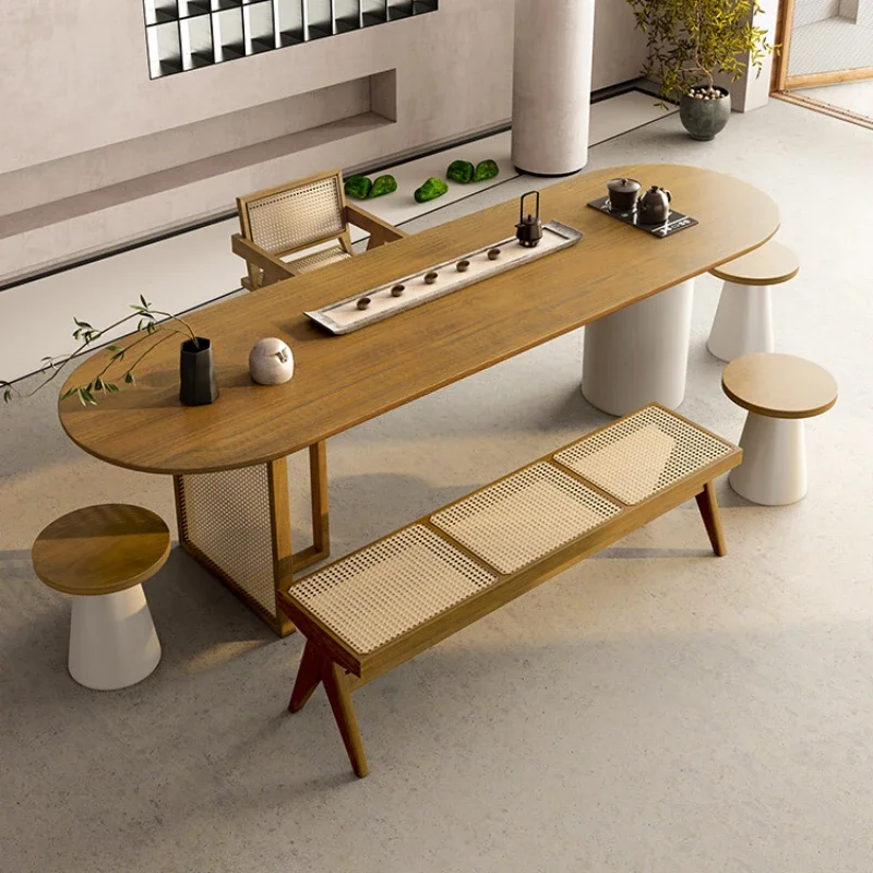 

Tea Room Zen Solid Wood Table-Chair Set Boss Office Oval Tea Making Table