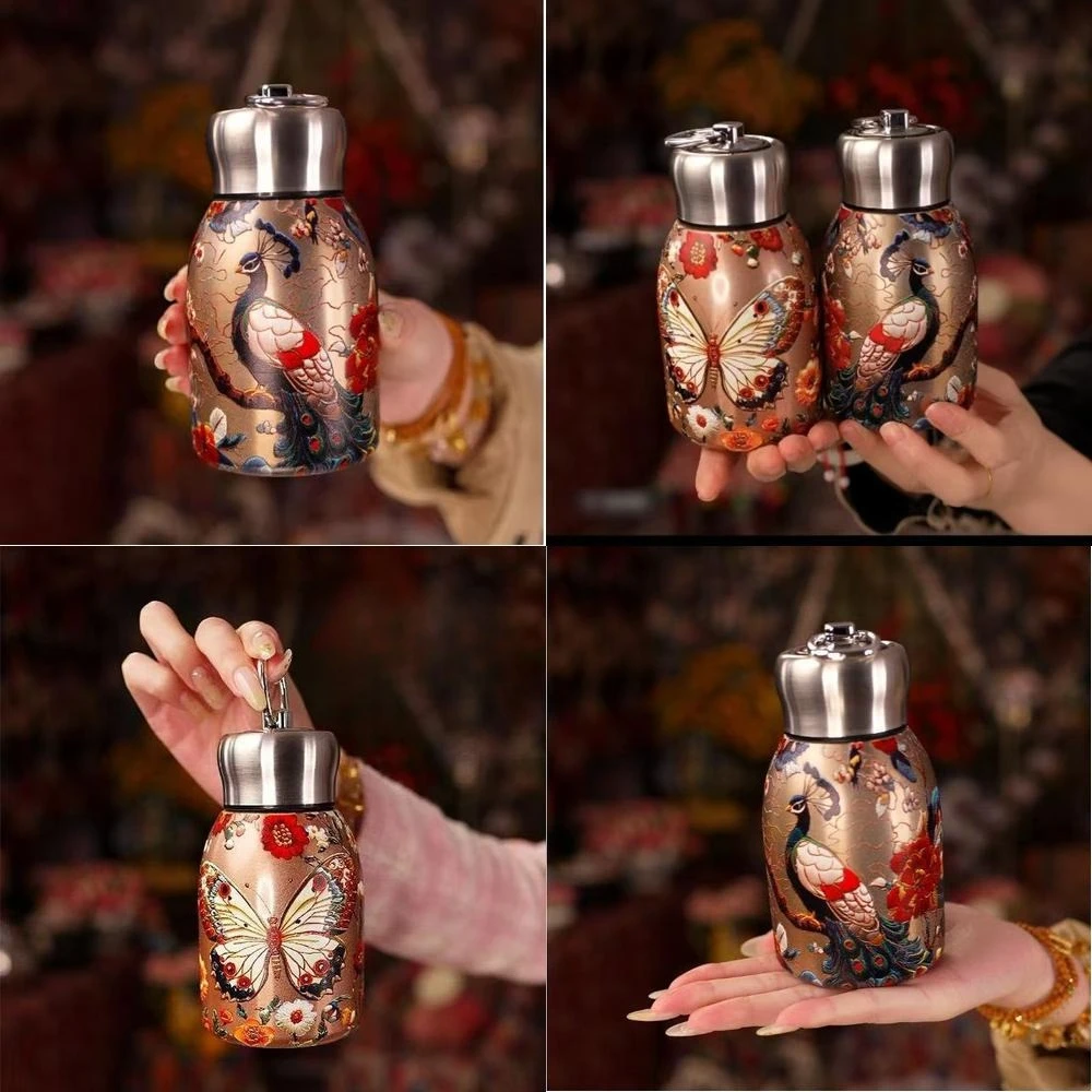 300ml Retro Chinese Style Fat Ding Stainless Steel Vacuum Cup 316 Gold Peacock Insulated Water Bottle Handheld Cup for Women