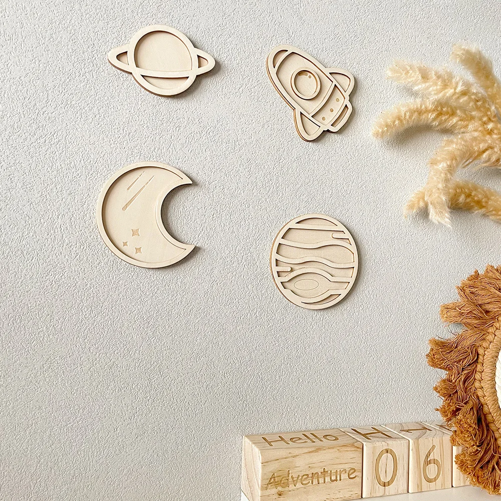 Ins Nordic Universe Starry Sky Theme Room Layout Decoration Planet Moon Wooden Wall Stickers Baby
