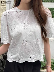 ZANZEA Fashion Hollow Out Embroidery Blouses Women 2024 Summer Elegant Half Sleeve O Neck Shirts Tops Korean Solid Blusas Mujer