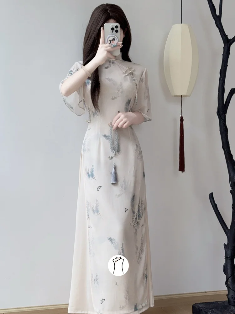 

Новое китайское платье-ципао Ao Dai, летнее, 2026 года, дышащее, с цветочным принтом, с длинным или коротким рукавом, с низким разрезом