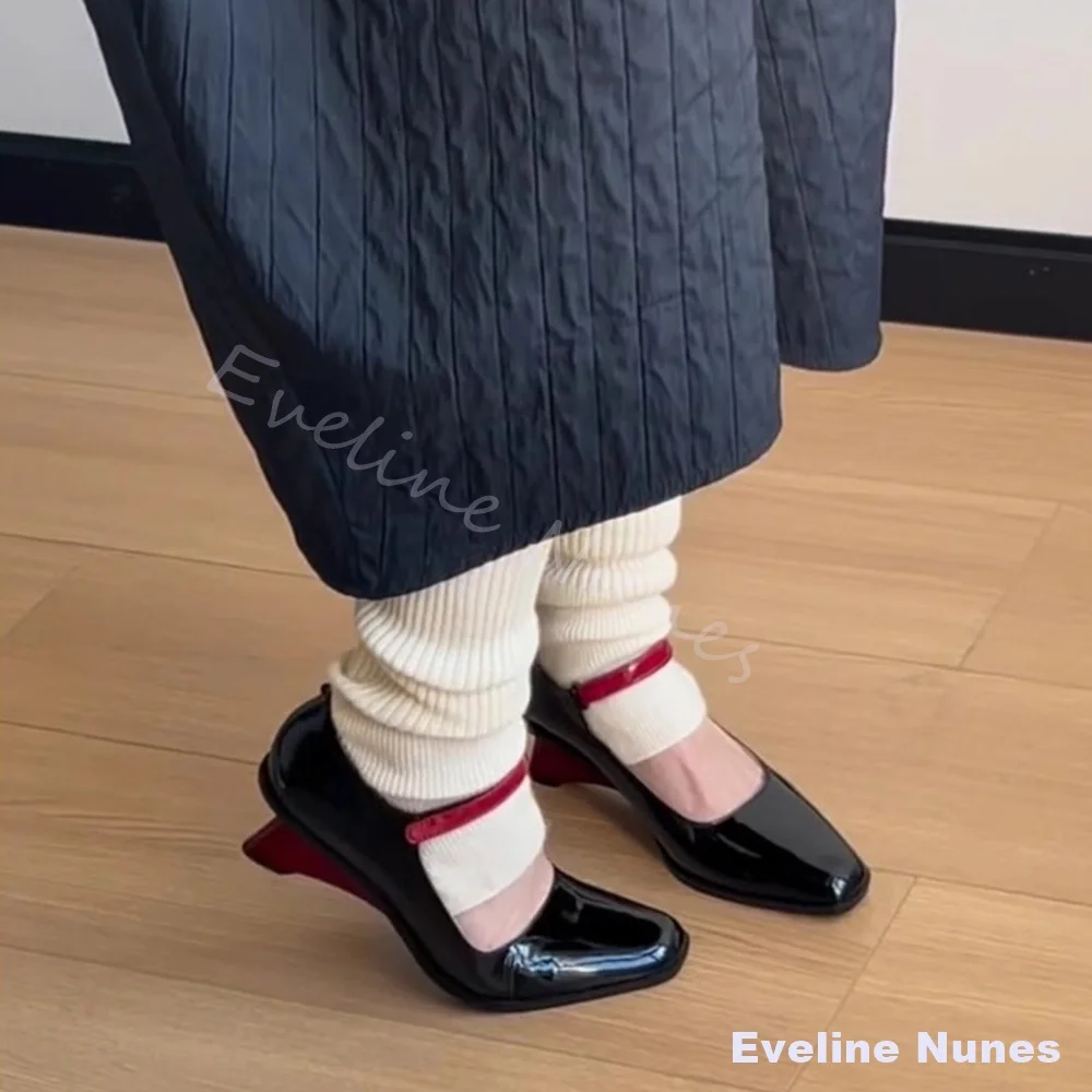 French Retro Low-Cut Flats Women Square-Toe Wedges Mary Janes with Contrast Color Heels 2026 New Ankle Straps Hollow High Heels
