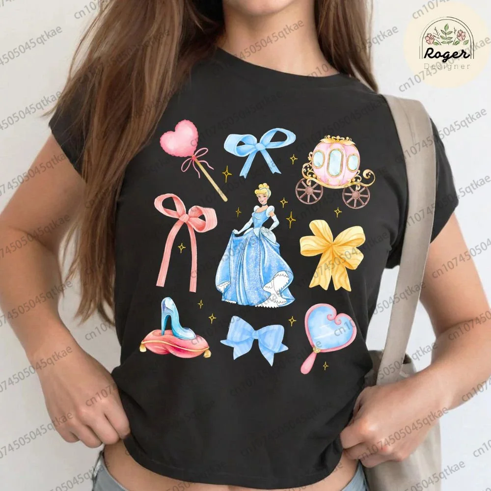 Watercolor Coquette Bows Disney Princess 3D Tee Summer Women Tshirt Y2kStyle Umbilical Tshirt Fashion Casual Sexy Streetwear Tee