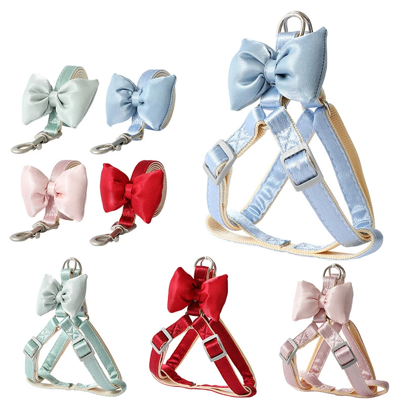 Dog Harness Leash Evening Dress Bow Collar Set Adjustable Cute Dog Harness For Small Medium Pet Cat Collar Leash Outdoor Walkin