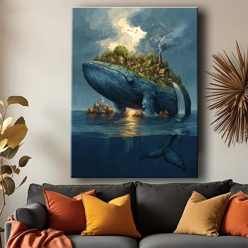 Multiple sizes 1pc frameless Canvas Painting,Whale Island Fantasy Fantastical Village Lush Forest Poster and Prints Canvas Paint