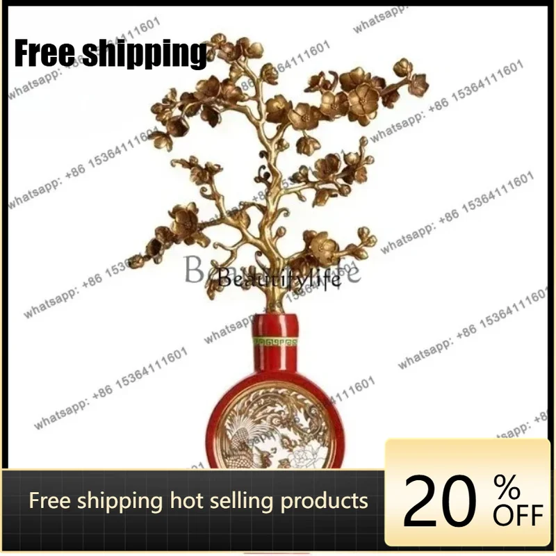 Factory Customization.French Style Ornament Red Ceramic Inlaid Copper Phoenix Flying Brass Plum Blossom Money Tree Decora