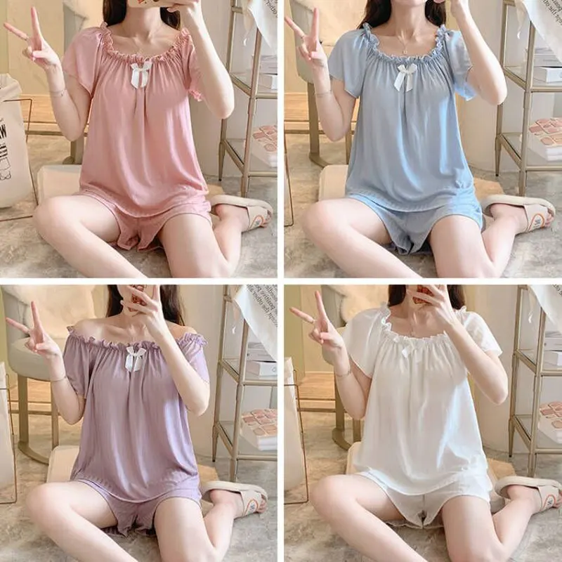 Sexy Sling Silk Women's Bowknot Pyjamas Set Sleeveless Sweet Grils Cute Pijamas Leisure Short Sleeves Short Pants Soft Sleepwear