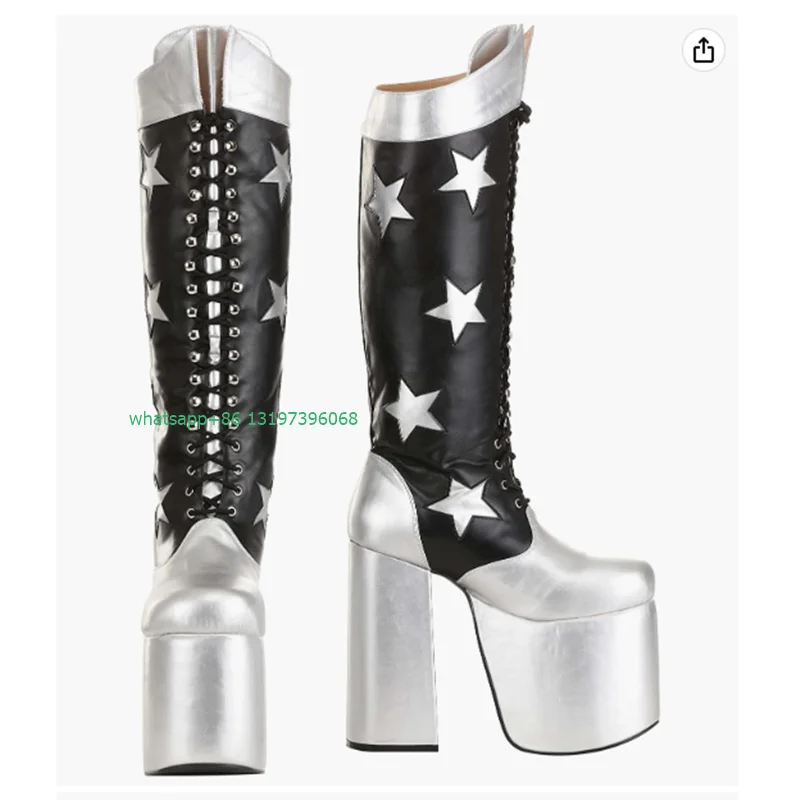 Lady silver star design platform knee boots chunky heel calf boots party dance dress high heels boots black sliver mix color 46