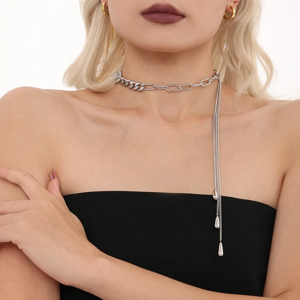 Multi Layer Pull-out Wasser Tröpfchen Pullover Kette Edelstahl Frauen Mode OL Licht Luxus Quasten Halskette Charme Schmuck – Detail 3