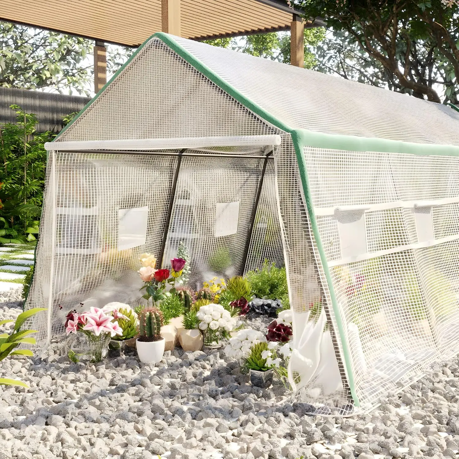 Joyside Walk-In Tunnel Greenhouse, A-Shape Top Outdoor Greenhouse With Transparent Cover, Backyard Greenhouse Heavy Duty, 8