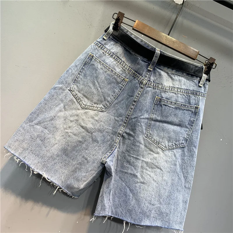 Original 2024 Summer New European Ripped Beaded Cartoon Shorts Fashion Patch High Waist Slim Streetwear Denim Straight-Leg Pants