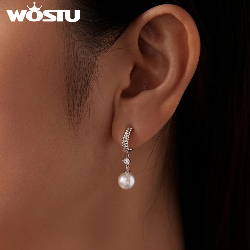 WOSTU 0.2CT مويسانيتي واللؤلؤ إسقاط أقراط للنساء ، مضفر استرخى أقراط الزفاف حفلة خطوبة مجوهرات هدية