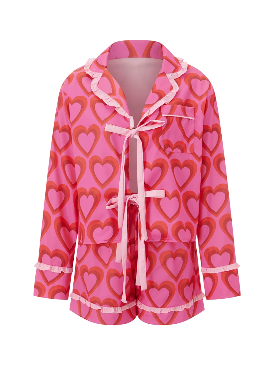 Pigiama da donna in seta per San Valentino, pigiama con fiocco, manica lunga, camicia abbottonata, pantaloncini, set da salotto a cuore, indumenti da notte