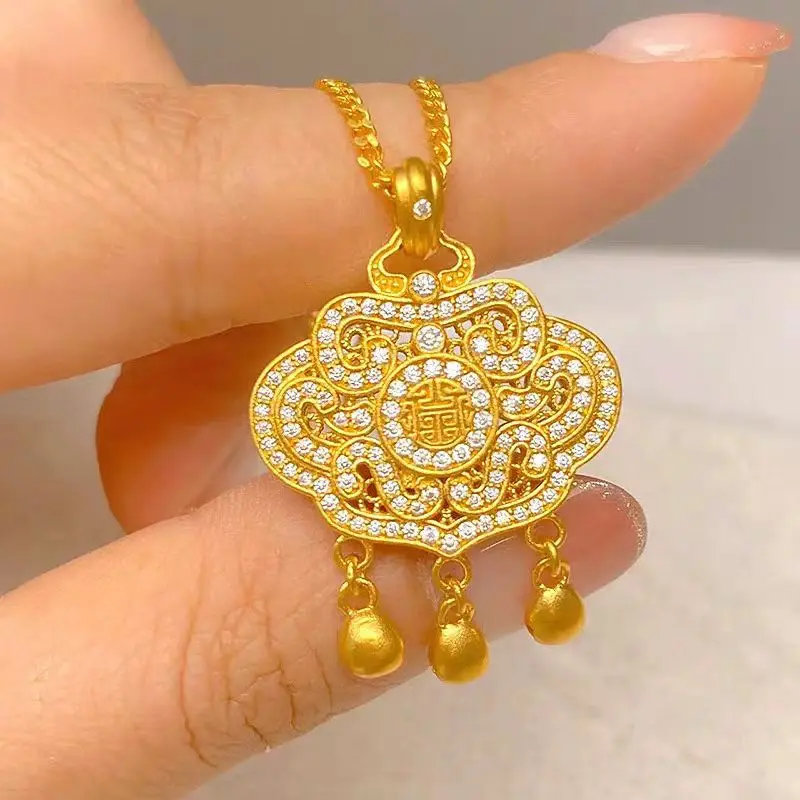 

Women's 24K Gold (AU999) Ancient Style Diamond Ruyi Lock Necklace | Liquid metal lock body, gold-inlaid with ruyi symbols