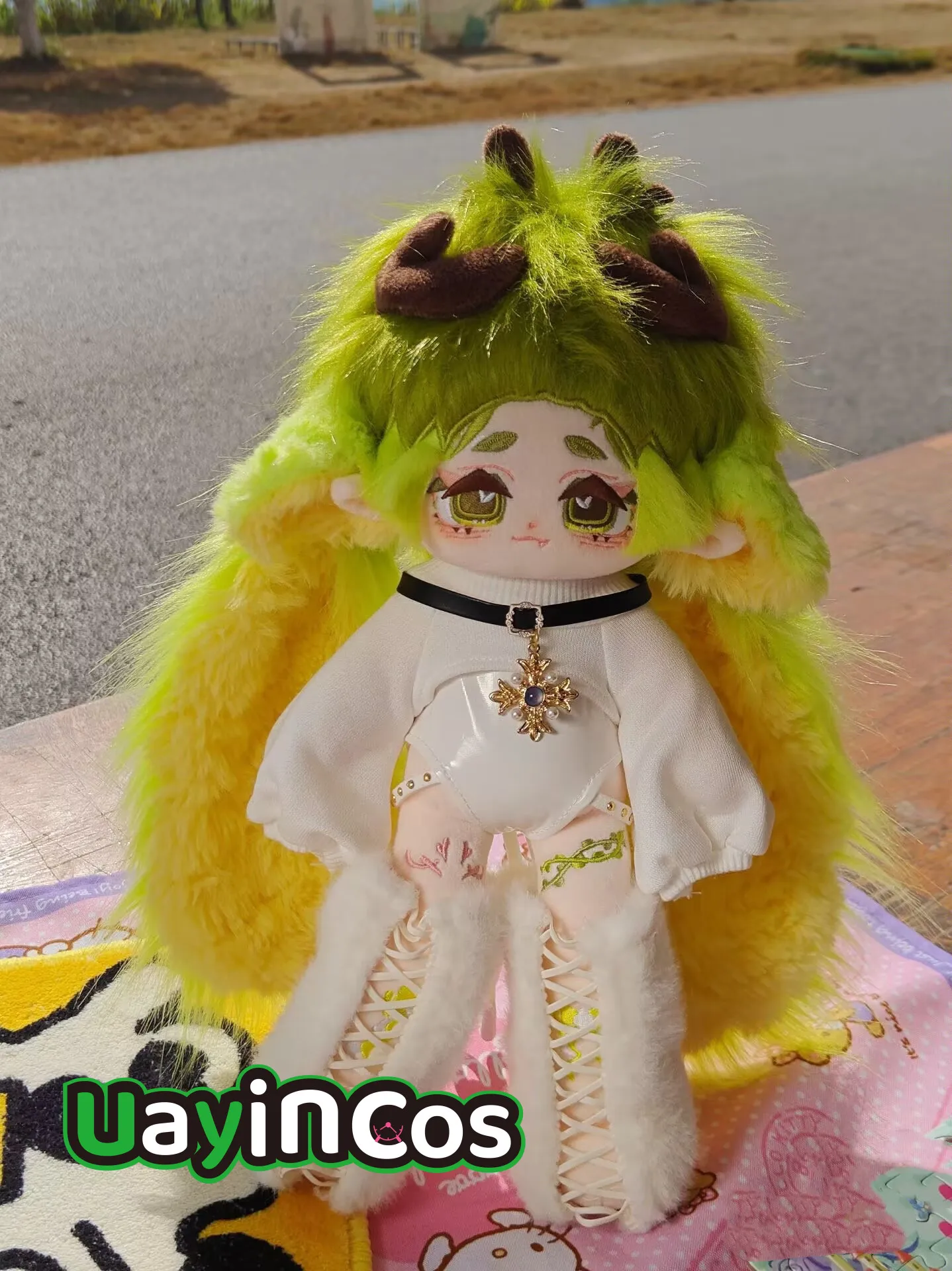 Anime chun jian Deer Horn Green Hair Monster Stuffed 30cm Long legs Plushies Plush Cotton Doll Body Anime Figure Toy For Kids G