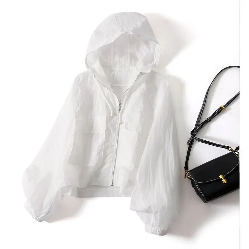 Summer Sun Protection Clothing Women Korean Casual Loose Windbreaker Hoodie Zip Up Coat Outdoor Ultrathin Light Sunscreen Jacket