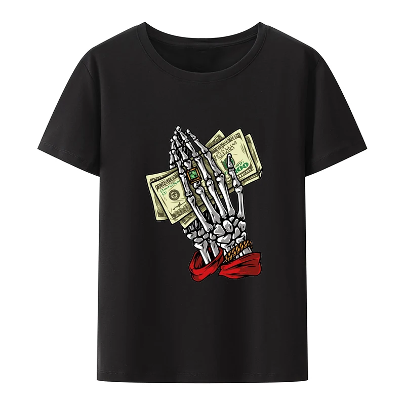 Skeleton Hands With Dollars T Shirt for Men Clothing Hipster Novelty Printed T-shirt Top Creative Short Sleeve Tee Breathable