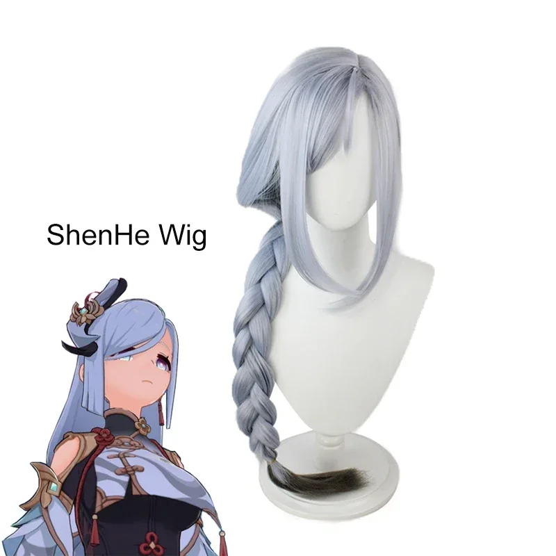 Genshin Impact Shenhe Cosplay Pruik Pre Gevlochten Pruik 80Cm Lichtblauwe Gradiënt Lang Haar Cosplay Shenhe Pruik + Pruik Cap