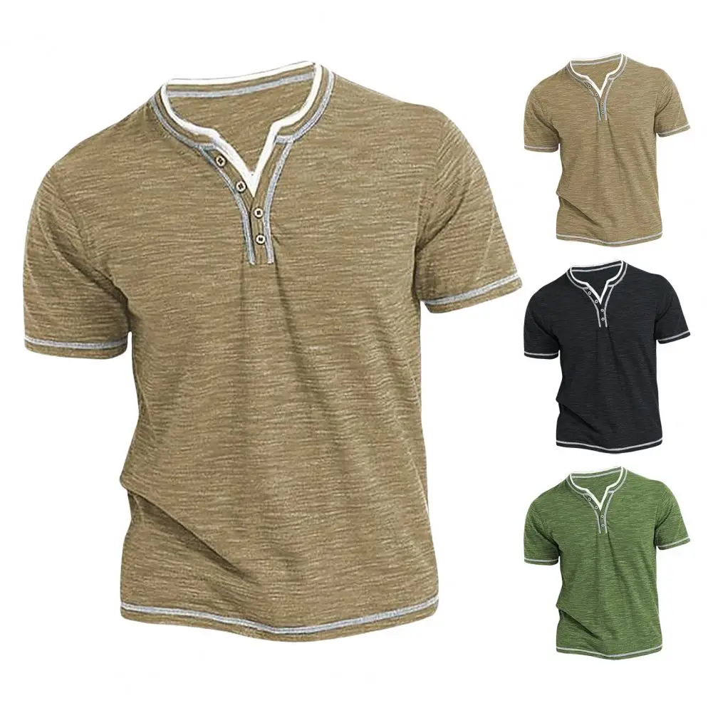 Men Summer Top Button V Neck Short Sleeves Soft Breathable Contrast Color Striped Casual Pullover Mid Length Daily T-shirt