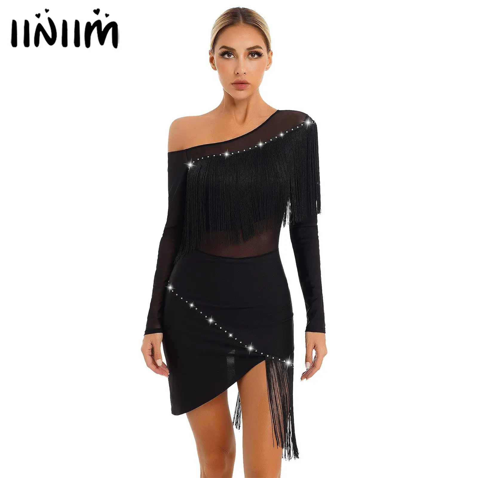 

Women Latin Dance Dress Oblique Shoulder Fringed Irregular Hem Dresses Ballroom Tango ChaCha Rumba Samba Competition Costumes