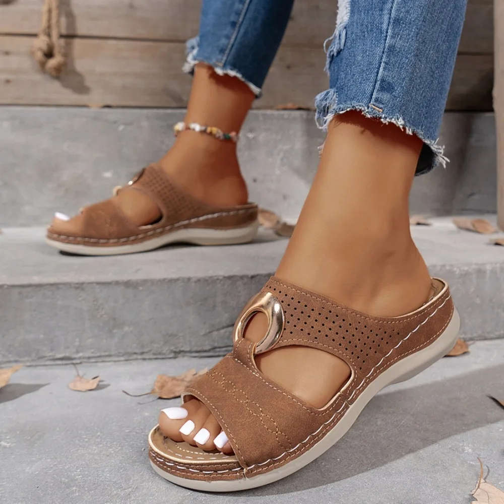 Women Hollow Out Wedge Slide Sandals Metal Ring Decor Breathable Open Toe Arch Support Slip on Ladies Summer Orthopedic Casual
