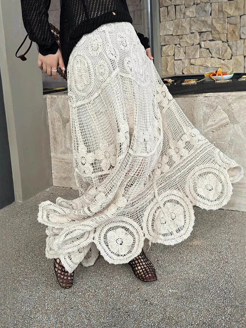 

Нежная богемная вязаная полупрозрачная юбка с ажурным цветочным узором, расклешенная, с кружевной отделкой, для отпуска, повседневная, удобная, мягкая...